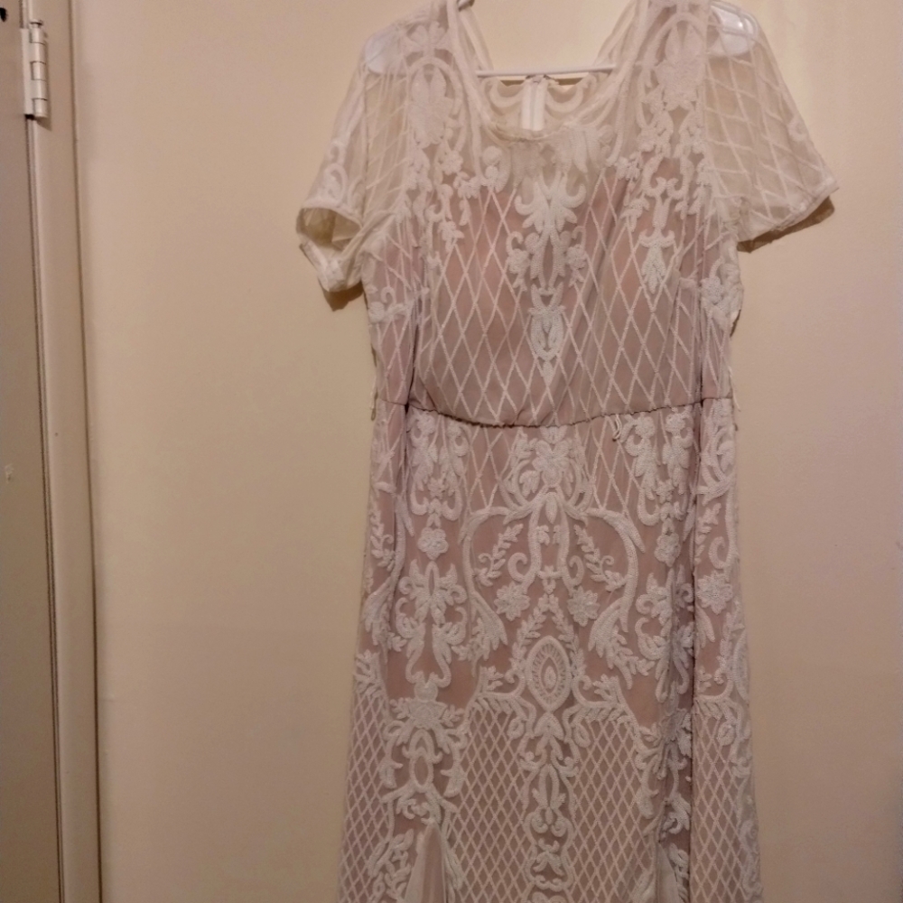 Street length lace dress.